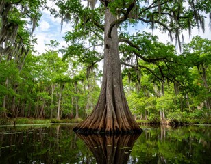 Majestic cypress tree dominating the louisiana swamp landscape