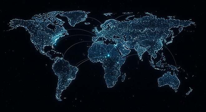 Photo of global network connections at night displayed on a world map illustration