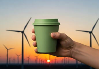 Hand Holding An Eco Friendly Coffee Cup At Sunset With Wind Turbines