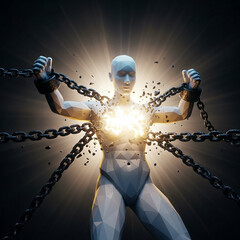 Low Poly Human Figure Breaking Free From Restraints With Radiant Light