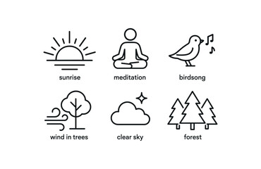 simple outline stroke icon items meditation retreat (nature): sunrise simple outline stroke icon itemseam birdsong wind trees clear sky forest light monoline icons style isolated on white