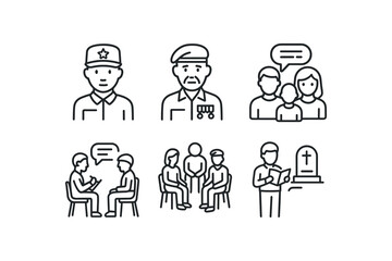 simple outline stroke icon items veteran memoir (people): young soldier elder veteran family listener interviewer support group tribute reader monoline icons style isolated on white