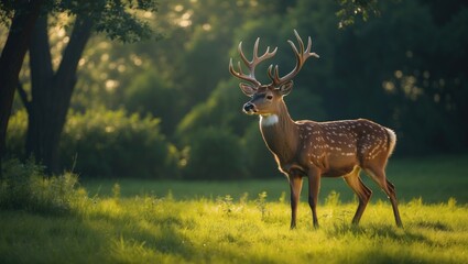 Obraz premium A deer with antlers standing in a grassy field with trees and sunlight in the background.