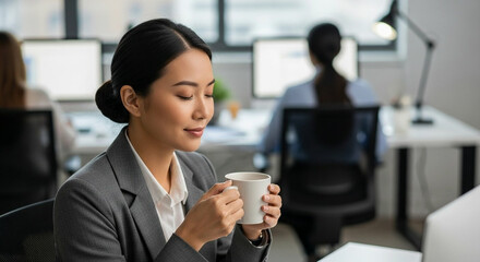 Professional Woman Enjoying Coffee Break In Modern Workplace