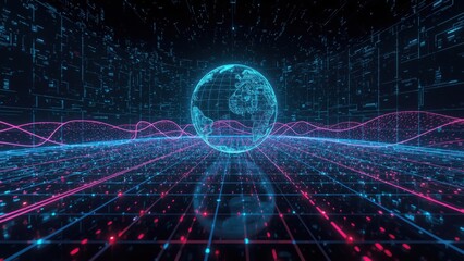 Digital Globe with Futuristic Network Grid and Data Particles Flowing in Abstract Cyberspace