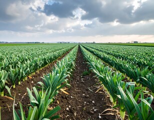 Naklejka premium Leek plantation growing under cloudy sky in cultivated field