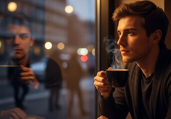 Young Man Enjoying Coffee In A City Cafe At Night