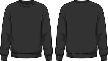 Black crewneck sweatshirt front and back view, casual wear, fashion apparel, blank template, clothing design, vector illustration, customizable garment