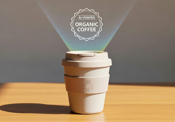 Beige Coffee Mug With Projected Organic Coffee Image On Wooden Table