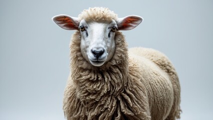 Fototapeta premium Sheep portrait with a calm expression, fluffy wool, and neutral background. Farm animal, livestock, and woolly creature. The concept of farm animals and livestock.