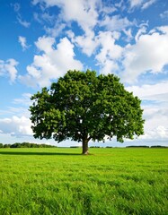 Lonely oak tree standing in green field under cloudy sky