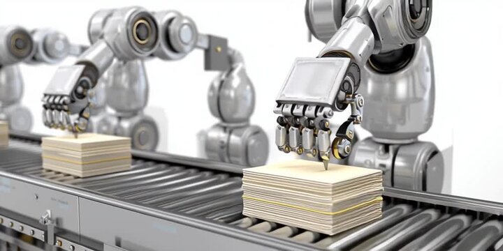 Robotic arms writing in books on a conveyor belt for AI slop content from LLMs and chatbots