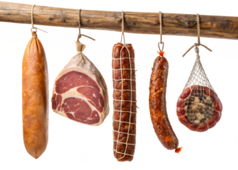 Assorted Cured Meats Hanging on a Wooden Rack