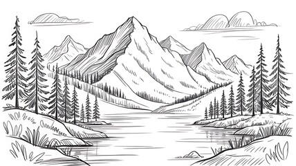 A black and white drawing of a mountain range with trees and a lake under a cloudy sky in a scenic view