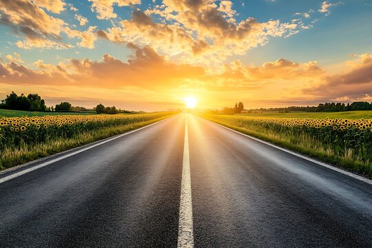 Highway between sunflower fields on both sides, stretching under a vibrant sunset sky  - Powered by Adobe