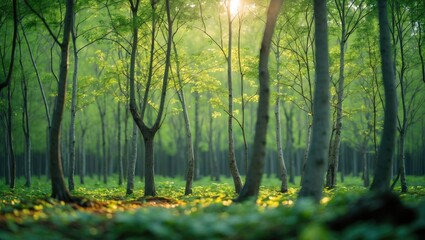 Obraz premium Lush green forest with sunlight filtering through trees, creating a peaceful and serene natural environment.