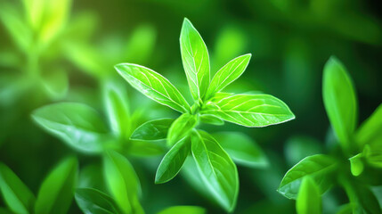 Fresh green leaves glisten in sunlight, symbolizing growth and vitality in nature lush environment