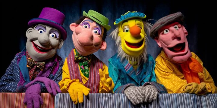Puppet show with nondescript puppets performing a stage play for children's entertainment