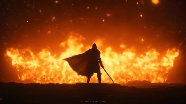 Knight stands as fire burns in the background, for video games or movies