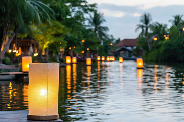 Floating lanterns illuminate serene river, creating tranquil atmosphere with reflections on water