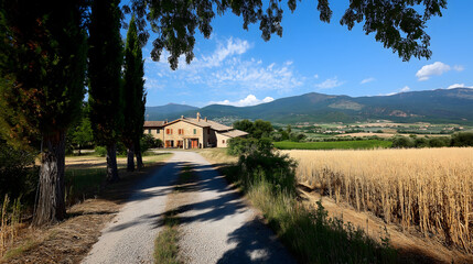 A sun-drenched, gravel road leads to a rural farmhouse nestled in the hills of Tuscany. The summer sun casts long shadows from the cypress trees lining the road, promising warmth
