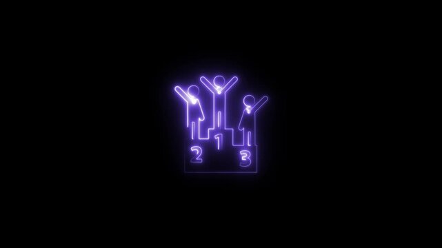 Neon White Winner Podium Icon with Three Standing Figures Celebrating Victory, Ranking, or Achievement in Sports, Contests, or Corporate Milestones on a Dark Futuristic Background