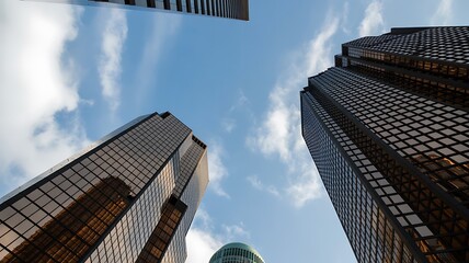 Worm's eye view of skyscrapers with reflective glass facades against a blue sky with clouds above them