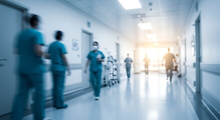 Photo of blurred hospital hallway with medical staff walking, creating a sense of urgency