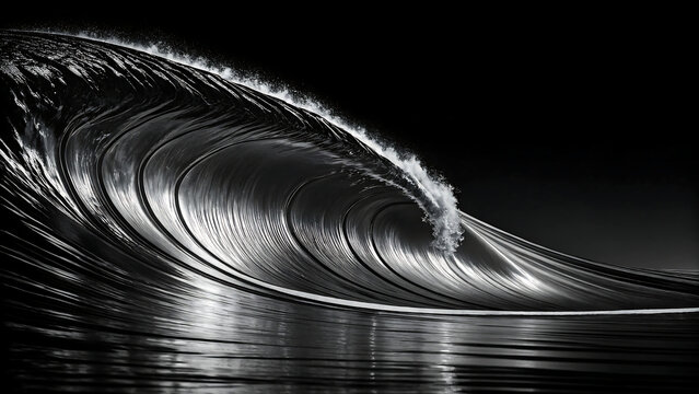 Powerful monochrome ocean wave barrel crests with dramatic spray and reflection
