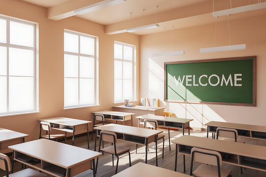 Inviting classroom setting with welcome message, perfect for educational projects and back-to-school campaigns, ready for students