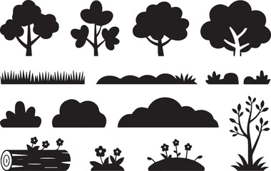 tree grass flower bush silhouette illustration natural background assets