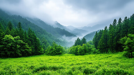 Obraz premium Lush green forest landscape with misty mountains in background, creating serene and tranquil atmosphere