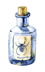 Watercolor glass bottle. Magical poison or alchemist elixir. Isolated illustration.