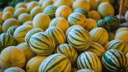 A collection of yellow and green striped watermelons piled together.