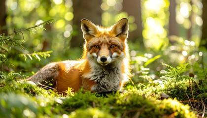 Fototapeta premium Red fox in forest sunlight