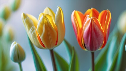 Close-up of yellow and orange tulips with green leaves. Fresh flowers in vibrant colors. Springtime floral blossoms.