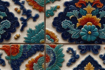 ceramic tile influenced by slavic, slovak, czech and russian and persian culture, flower patterns 