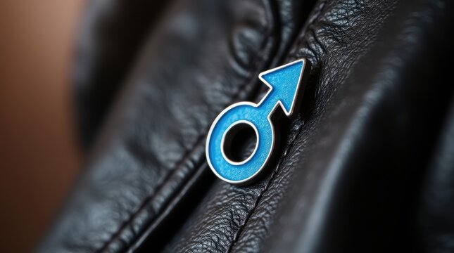 Close-up detailed shot of blue male gender pin on distressed black leather jacket, masculinity and patriarchy symbolism