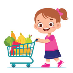 cute little girl shopping cart push full groceries child adorable happy market kid l illustrations