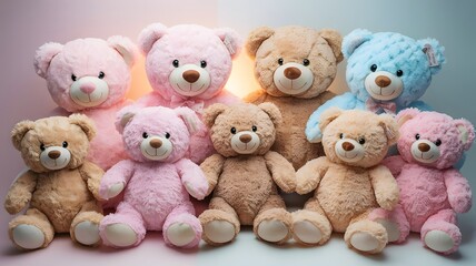 A delightful collection of fluffy teddy bears in various pastel colors arranged in a playful group