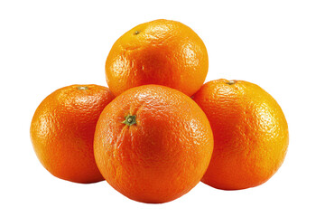 Close-up of four oranges, stacked.  Ripe, bright oranges, with a natural texture.  Focus on the fruit, against a pure black background