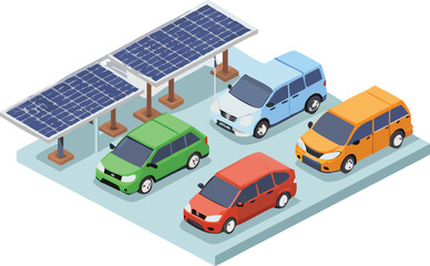 Electric cars charging at a solar powered charging station with multiple vehicles