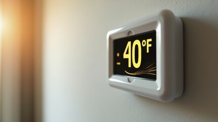 Horizontal digital wall thermometer showing 40°F on illuminated screen, wall-mounted in home interior, summer season, crisp and clear display under sunlight