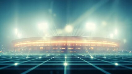 A vibrant sports stadium illuminated at night showcasing a lively atmosphere with bright floodlights and a digital grid in the foreground perfect for event promotions or sports photography - Powered by Adobe