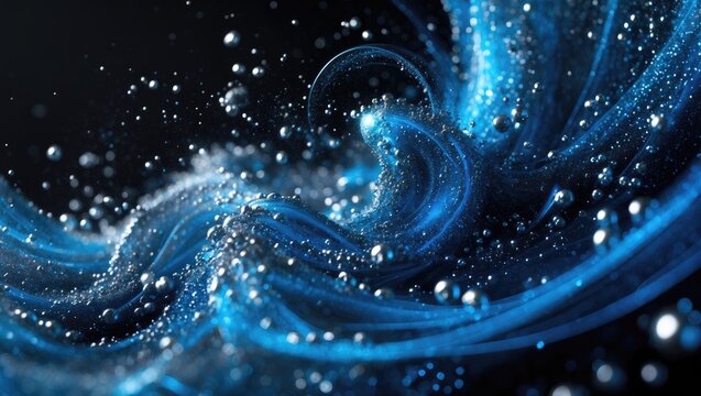 Abstract blue liquid flow with sparkling particles and dynamic movement.