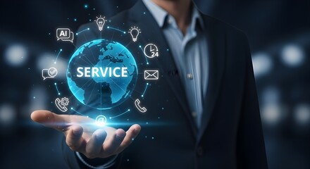 Businessman holding digital globe displaying "SERVICE" text with icons