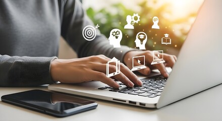 Woman typing on laptop with skills concept overlay