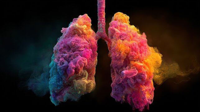 Detailed medium view capturing vibrant lungs dissolving into smoky darkness with subtle cancerous growth shapes highlighting the gradual respiratory impact of harmful chemical