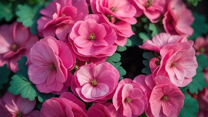 Fototapeta premium Cluster of pink flowers with green leaves.