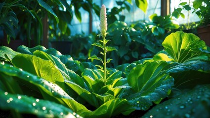 Obraz premium Lush green plants with a tall flowering plant in the center, illuminated by natural light in a greenhouse or garden setting.